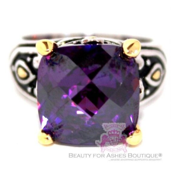 Elegant 12mm Faceted Amethyst Purple CZ Throne Room Ring by Beauty for Ashes - 6 - Picture 2 of 4